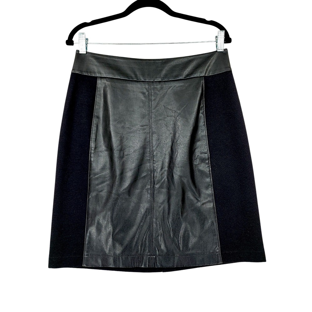 Cabi Faux‎ Leather Pencil Skirt 8 Miranda Black Front Panel Mixed Media 3754